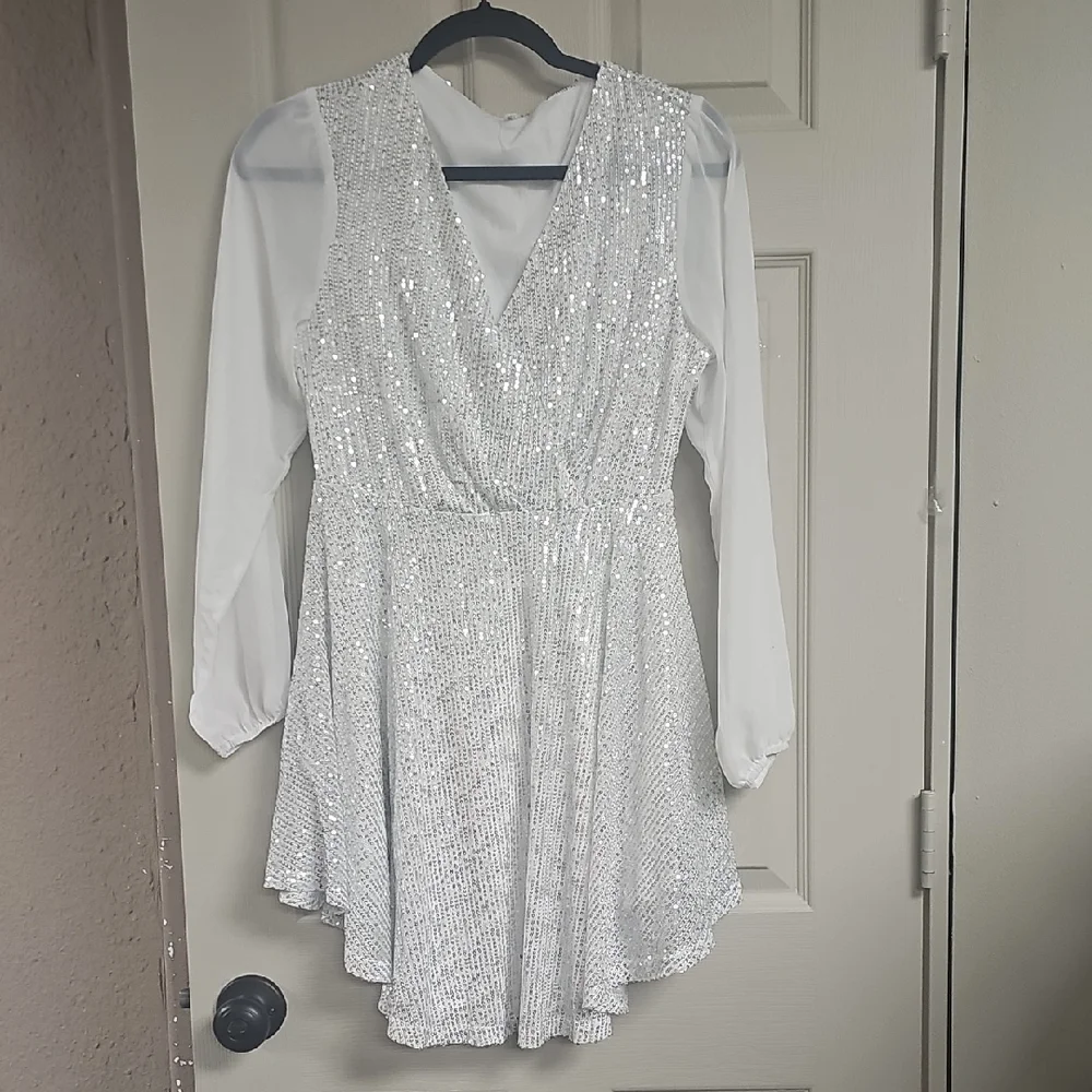 Silver Sequin Dress with White Sleeves - Picture 1 of 5